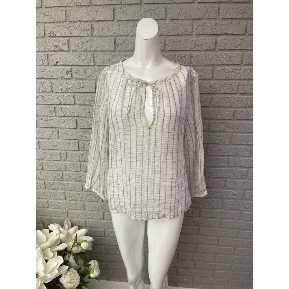 Eileen Fisher Women 100% Linen Striped Keyhole Neckline Blouse Size M